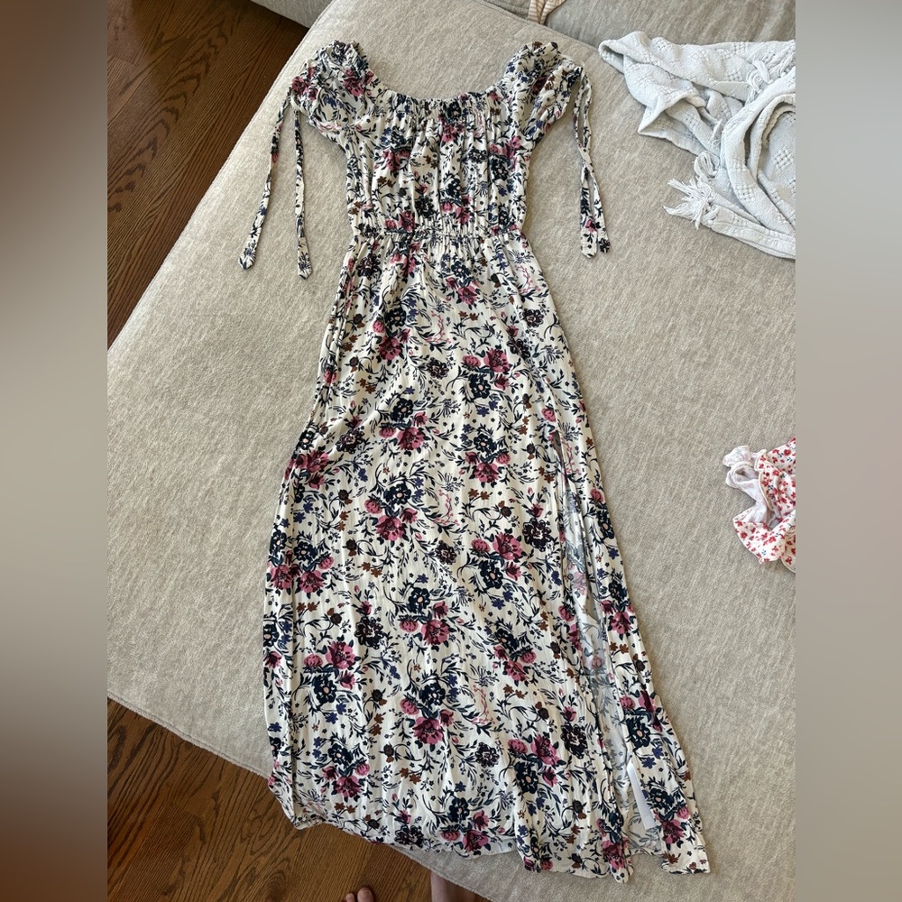 Band of Gypsies Floral Off-Shoulder Maxi Dress with Pink and Navy Accents